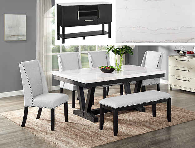 1320-6P-SB VARLEY MARBLE TBL/WING CHAIRS, BENCH